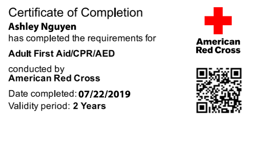 Red Cross Certification Card 2019 Ashley Nguyen
